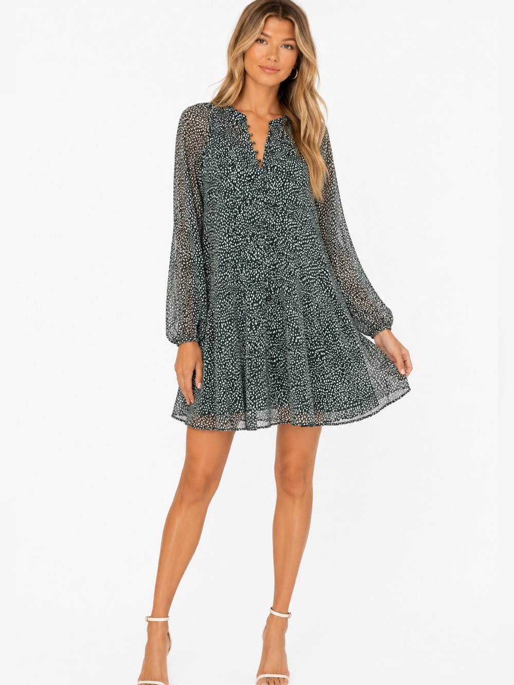 JOIE Arctic Animal Print Chiffon Balloon Sleeve Mini Dress Green Size M